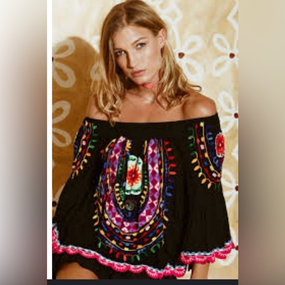 Off the shoulder colorful embroidered boho top, one size